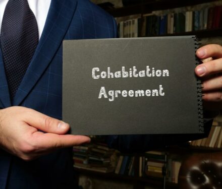Man in suit holding a notebook with inscription in silver words that say cohabitation agreement
